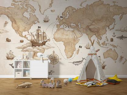 World Map Wallpaper Vintage Nautical Wall Mural