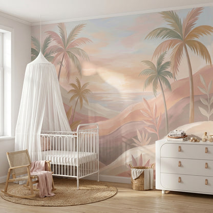 Pastel Tropical Landscape Wallpaper Palm Trees Sunset Sky Wall Mural