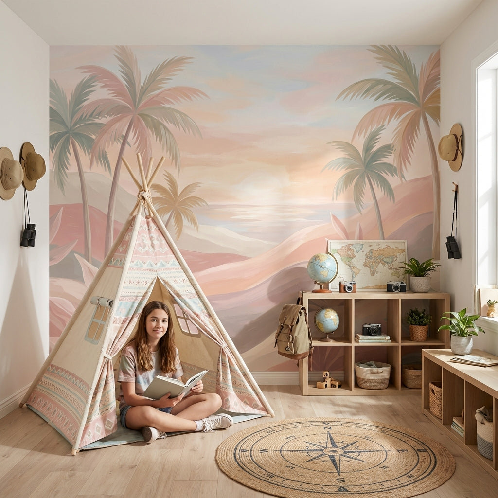 Pastel Tropical Landscape Wallpaper Palm Trees Sunset Sky Wall Mural