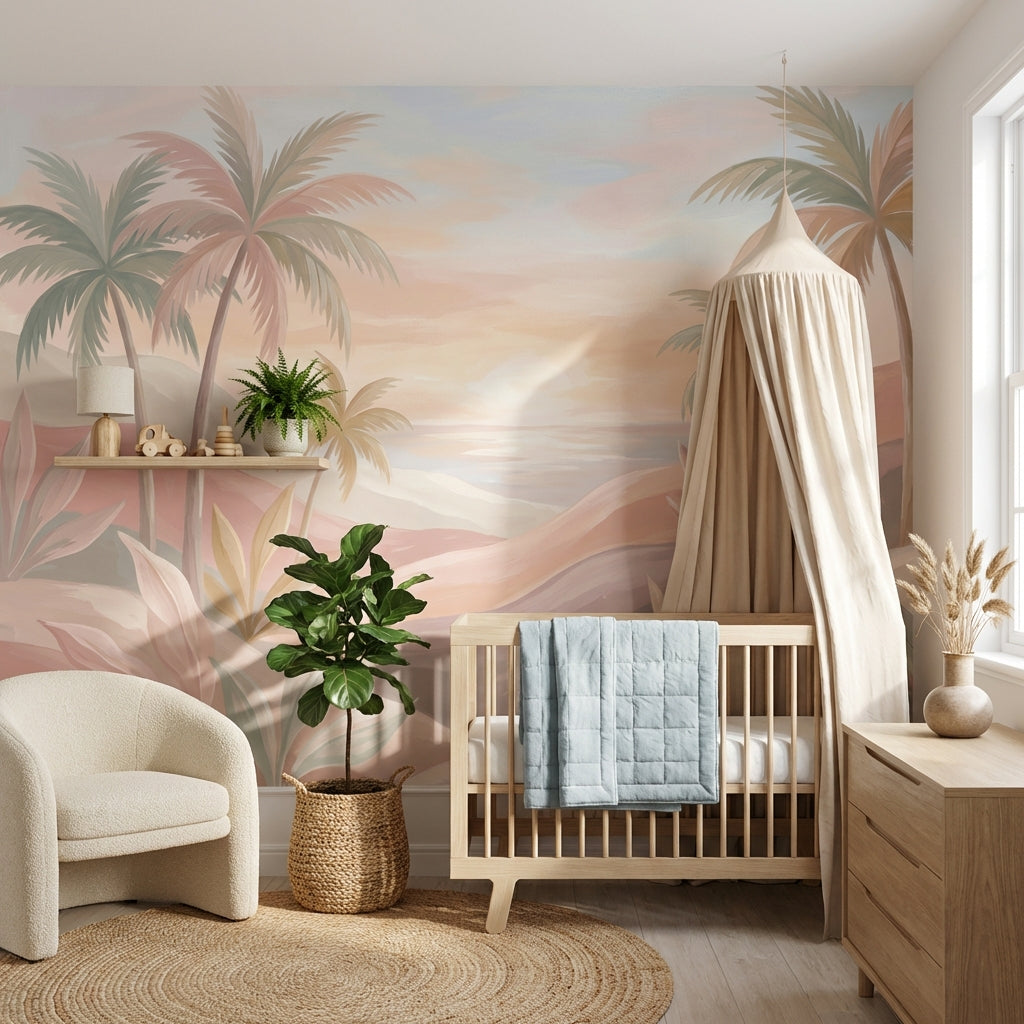 Pastel Tropical Landscape Wallpaper Palm Trees Sunset Sky Wall Mural
