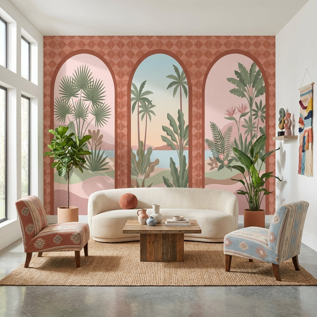 Arched Windows Wallpaper Tropical Coastal Landscape Wall Mural
