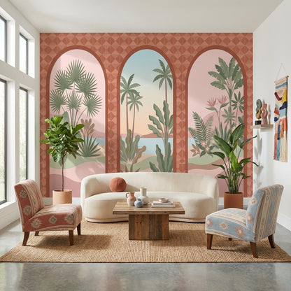 Arched Windows Wallpaper Tropical Coastal Landscape Wall Mural
