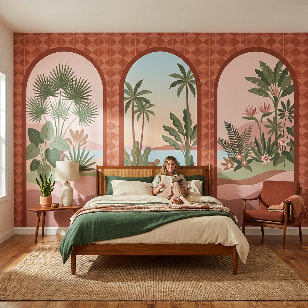 Arched Windows Wallpaper Tropical Coastal Landscape Wall Mural