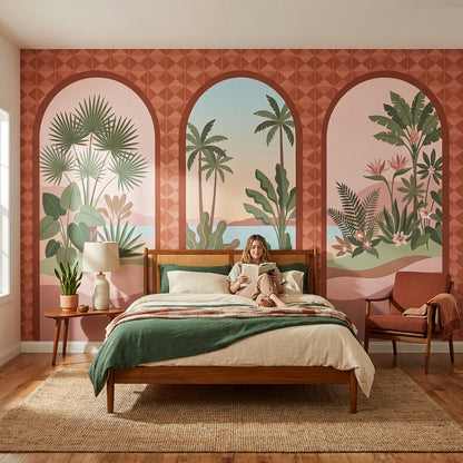 Arched Windows Wallpaper Tropical Coastal Landscape Wall Mural
