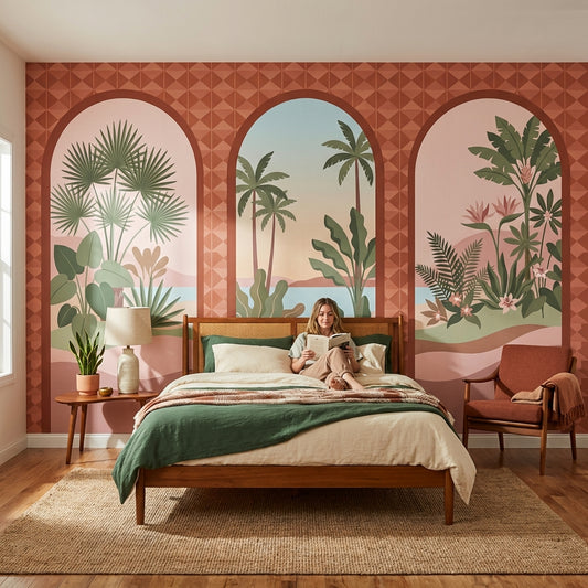 Arched Windows Wallpaper Tropical Coastal Landscape Wall Mural