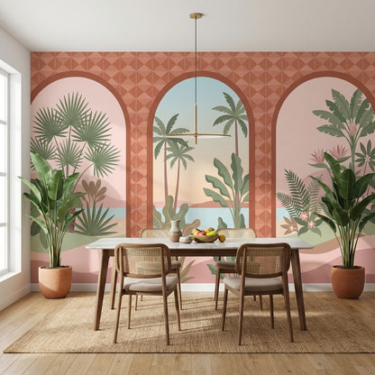 Arched Windows Wallpaper Tropical Coastal Landscape Wall Mural