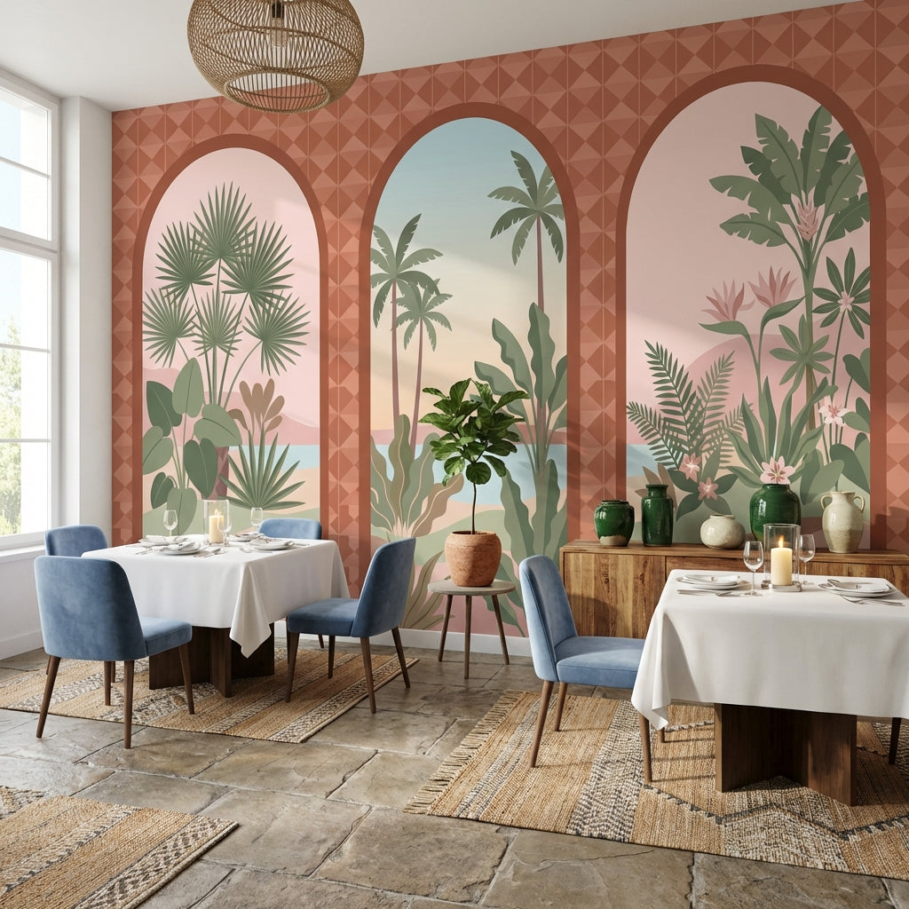 Arched Windows Wallpaper Tropical Coastal Landscape Wall Mural