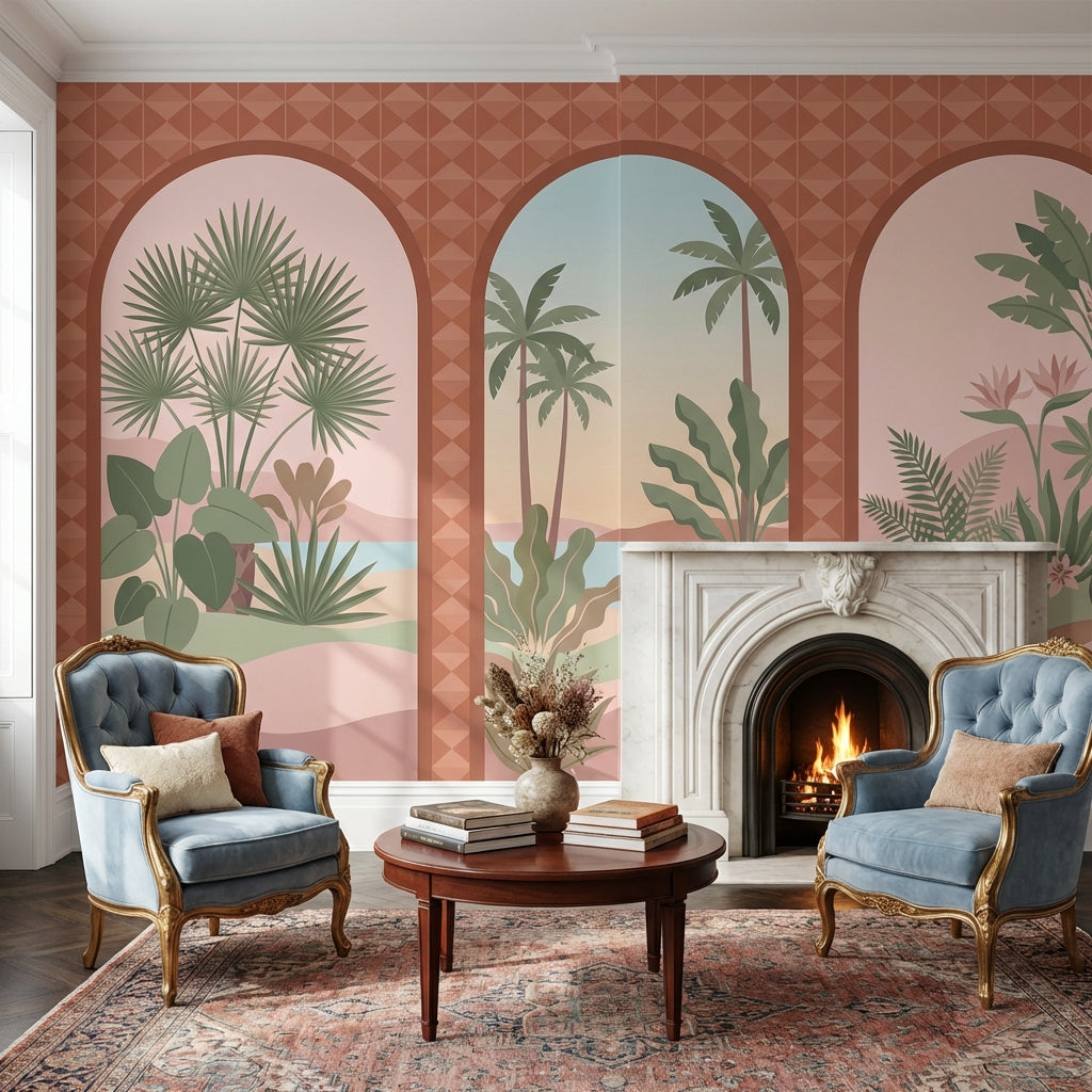 Arched Windows Wallpaper Tropical Coastal Landscape Wall Mural