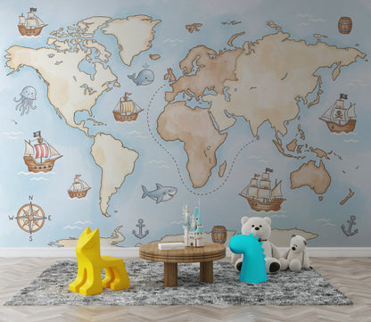 World Map Wallpaper Nautical Ocean Wall Mural