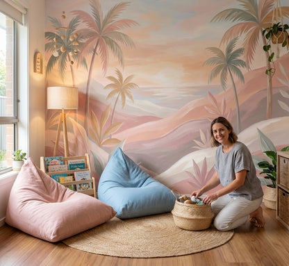 Pastel Tropical Landscape Wallpaper Palm Trees Sunset Sky Wall Mural