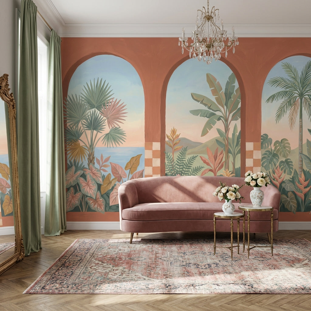 Arched Windows Wallpaper Tropical Landscape Coastal Mural Removable Wall Decor