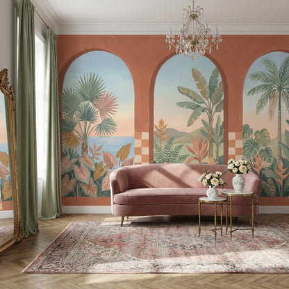 Arched Windows Wallpaper Tropical Landscape Coastal Mural Removable Wall Decor