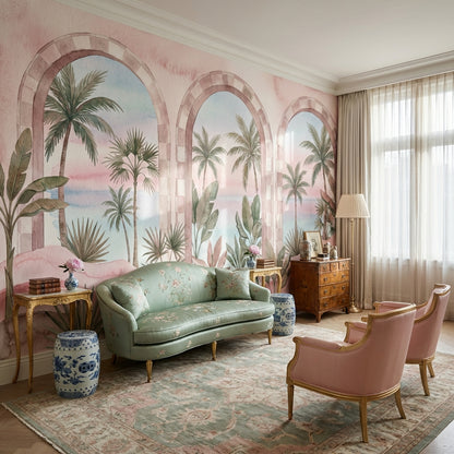 Pastel Tropical Wallpaper Watercolor Mural Arched Windows Wall Mural