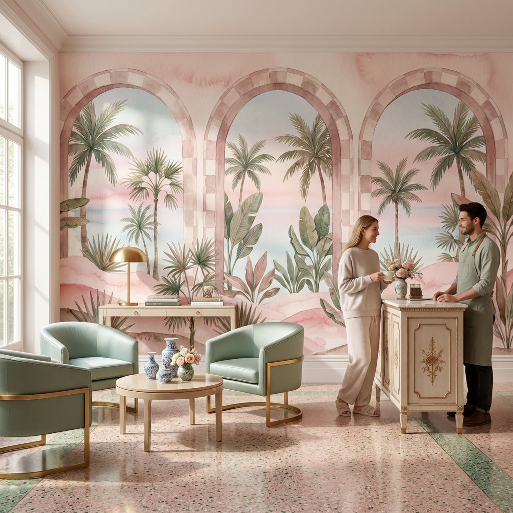 Pastel Tropical Wallpaper Watercolor Mural Arched Windows Wall Mural