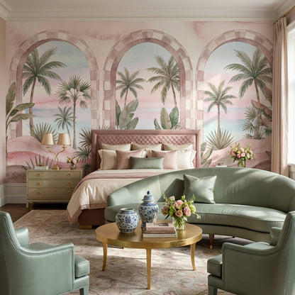 Pastel Tropical Wallpaper Watercolor Mural Arched Windows Wall Mural