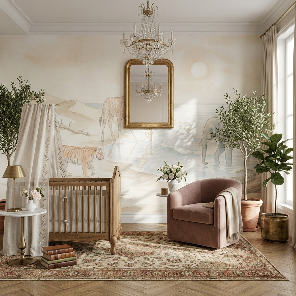 Safari Animals Wallpaper Watercolor Coastal Landscape Wall Mural