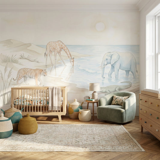 Safari Animals Wallpaper Watercolor Coastal Landscape Wall Mural