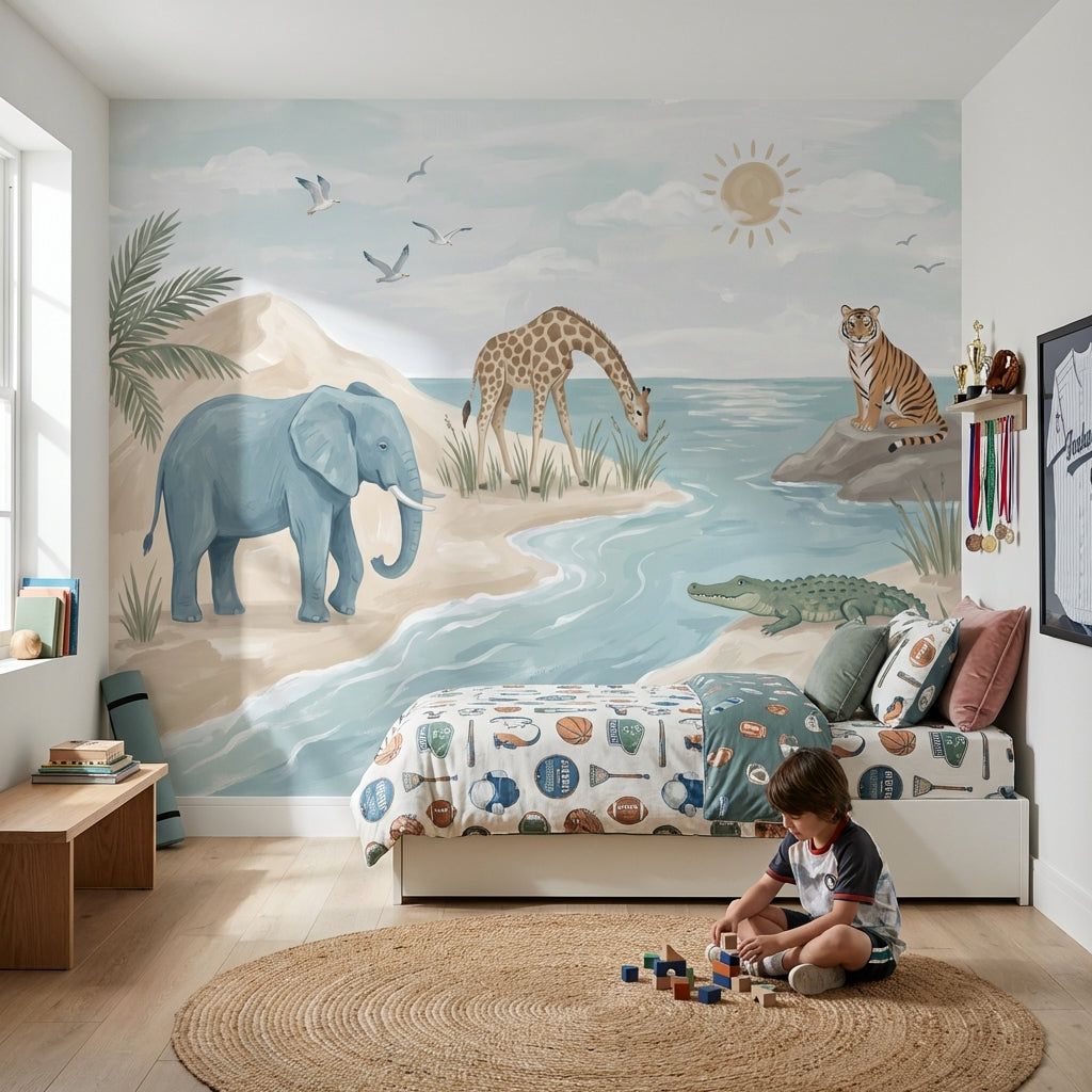 Watercolor Wallpaper Safari Animals Coastal Landscape Wall Mural