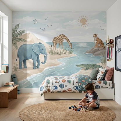 Watercolor Wallpaper Safari Animals Coastal Landscape Wall Mural
