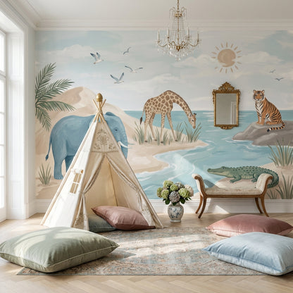Watercolor Wallpaper Safari Animals Coastal Landscape Wall Mural