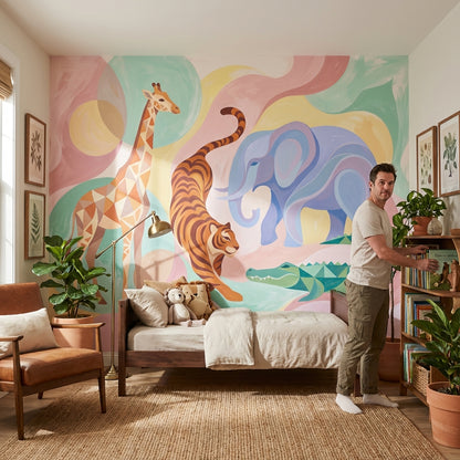 Safari Animals Wallpaper Pastel Bright Wall Mural