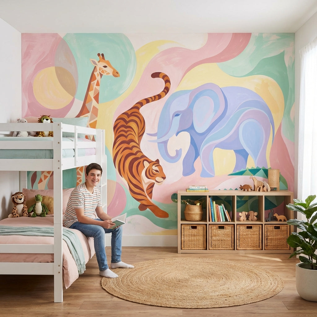 Safari Animals Wallpaper Pastel Bright Wall Mural