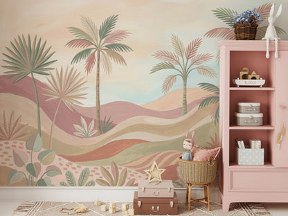 Pastel Tropical Landscape Wallpaper Palm Trees Desert Dunes Wall Mural