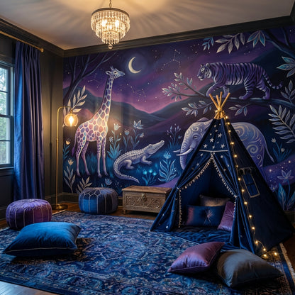 Night Sky Wallpaper Whimsical Animals Constellations Wall Mural