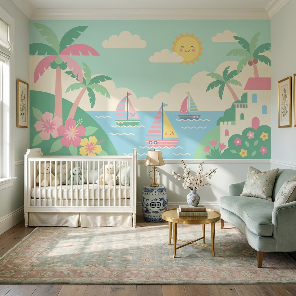 Mediterranean Seaside Wallpaper Pastel Coastal Landscape Wall Mural