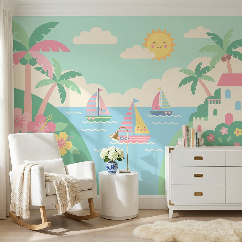 Mediterranean Seaside Wallpaper Pastel Coastal Landscape Wall Mural