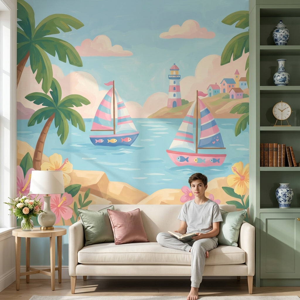 Bright Coastal Landscape Wallpaper Tropical Palms Pastel Sailboats Wall Mural