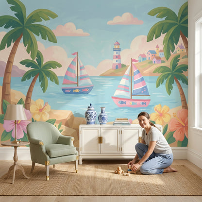 Bright Coastal Landscape Wallpaper Tropical Palms Pastel Sailboats Wall Mural