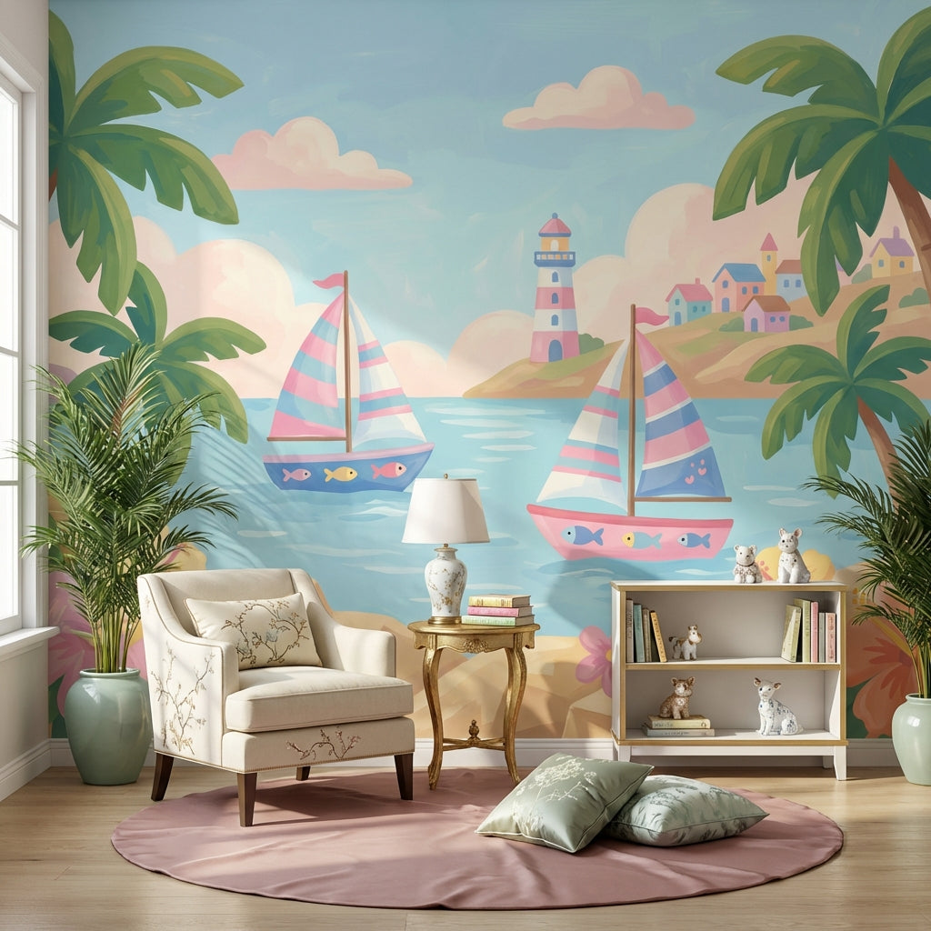 Bright Coastal Landscape Wallpaper Tropical Palms Pastel Sailboats Wall Mural