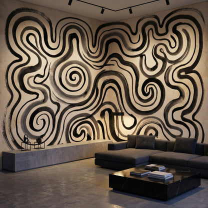 Abstract Maze Wallpaper Spiral Swirls Ink Wash Wall Mural