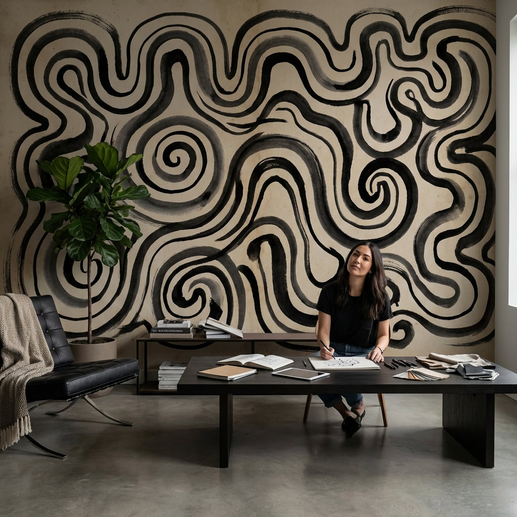 Abstract Maze Wallpaper Spiral Swirls Ink Wash Wall Mural