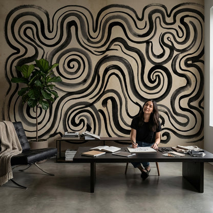 Abstract Maze Wallpaper Spiral Swirls Ink Wash Wall Mural