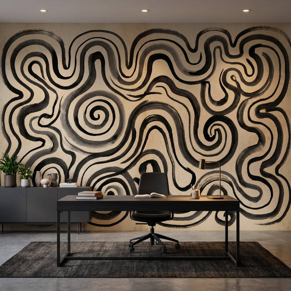 Abstract Maze Wallpaper Spiral Swirls Ink Wash Wall Mural
