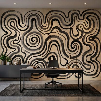 Abstract Maze Wallpaper Spiral Swirls Ink Wash Wall Mural