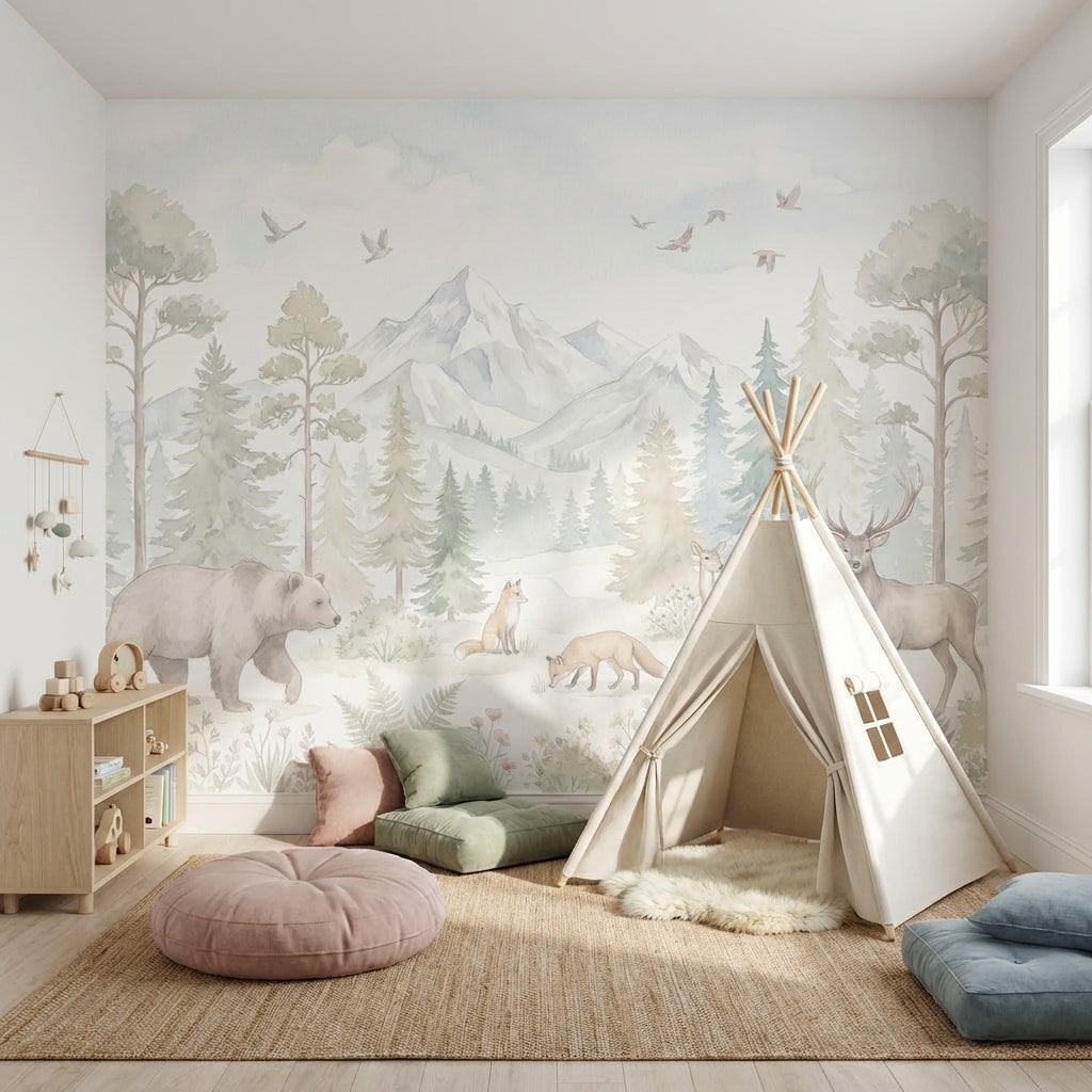Woodland Landscape Wallpaper Watercolor Pine Forest Wall Mural