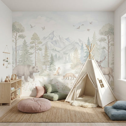 Woodland Landscape Wallpaper Watercolor Pine Forest Wall Mural