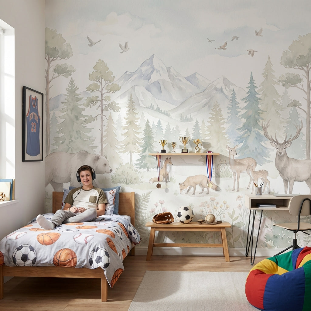 Woodland Landscape Wallpaper Watercolor Pine Forest Wall Mural