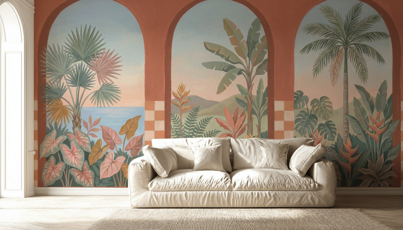Arched Windows Wallpaper Tropical Landscape Coastal Mural Removable Wall Decor