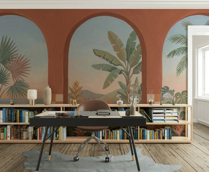 Arched Windows Wallpaper Tropical Landscape Coastal Mural Removable Wall Decor