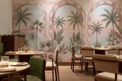 Pastel Tropical Wallpaper Watercolor Mural Arched Windows Wall Mural