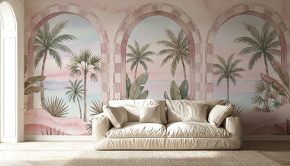 Pastel Tropical Wallpaper Watercolor Mural Arched Windows Wall Mural