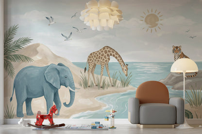 Watercolor Wallpaper Safari Animals Coastal Landscape Wall Mural