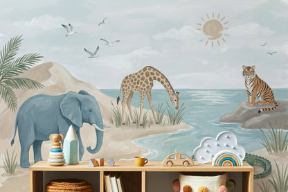 Watercolor Wallpaper Safari Animals Coastal Landscape Wall Mural