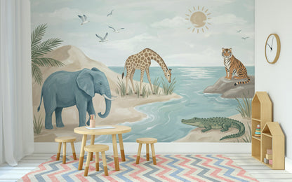 Watercolor Wallpaper Safari Animals Coastal Landscape Wall Mural