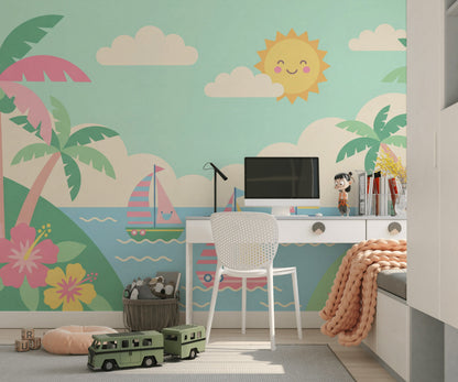 Mediterranean Seaside Wallpaper Pastel Coastal Landscape Wall Mural