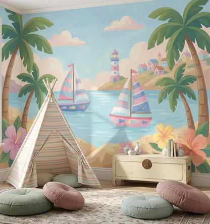 Bright Coastal Landscape Wallpaper Tropical Palms Pastel Sailboats Wall Mural